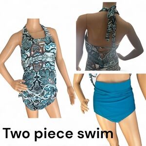 Swim by Cacique Two Piece Tankini Set Paisley Halter Top High Waist Bottoms 16